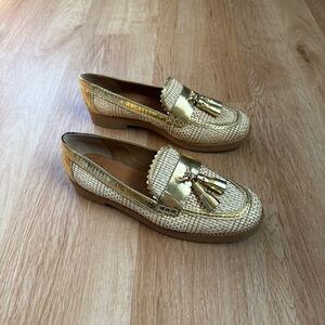 Tory Burch Careen Raffia Loafers Tassel Woven Gold Metallic Leather Women's 8.5
